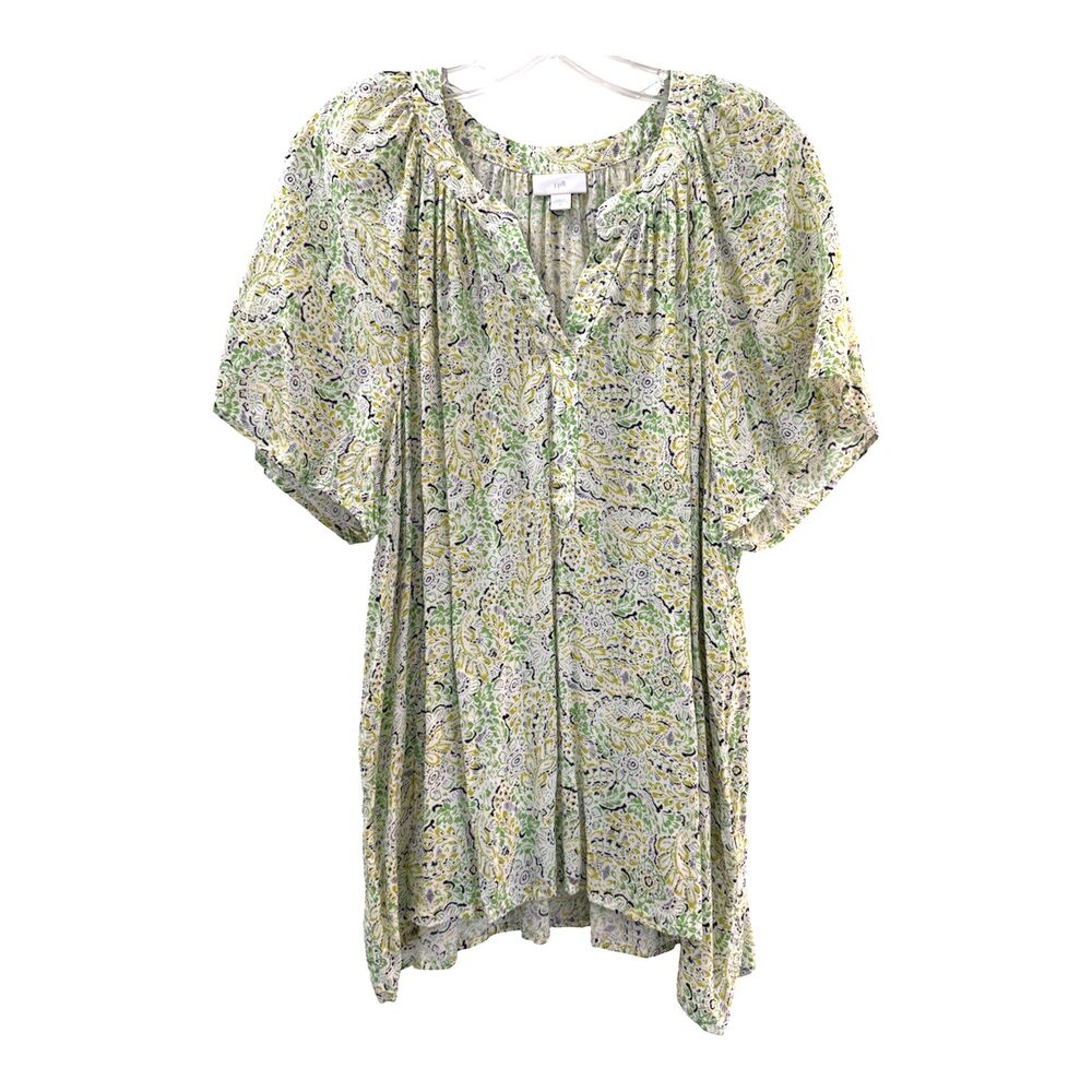 J Jill Floral Babydoll Peasant Top Womens Size 2X Green Floral Rayon Shirt Boho